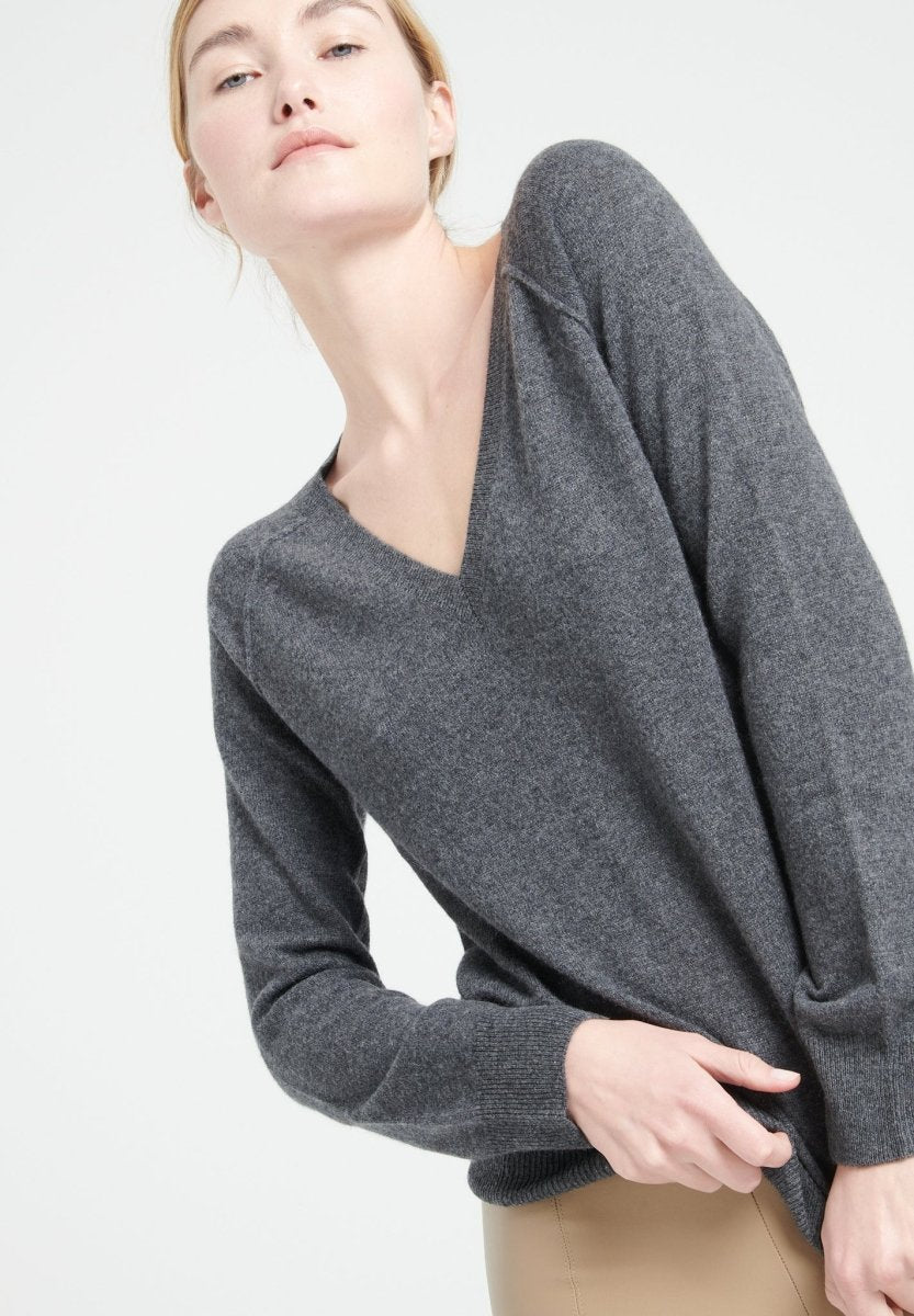 Pull col V cachemire gris anthracite femme - LILLY 6-2